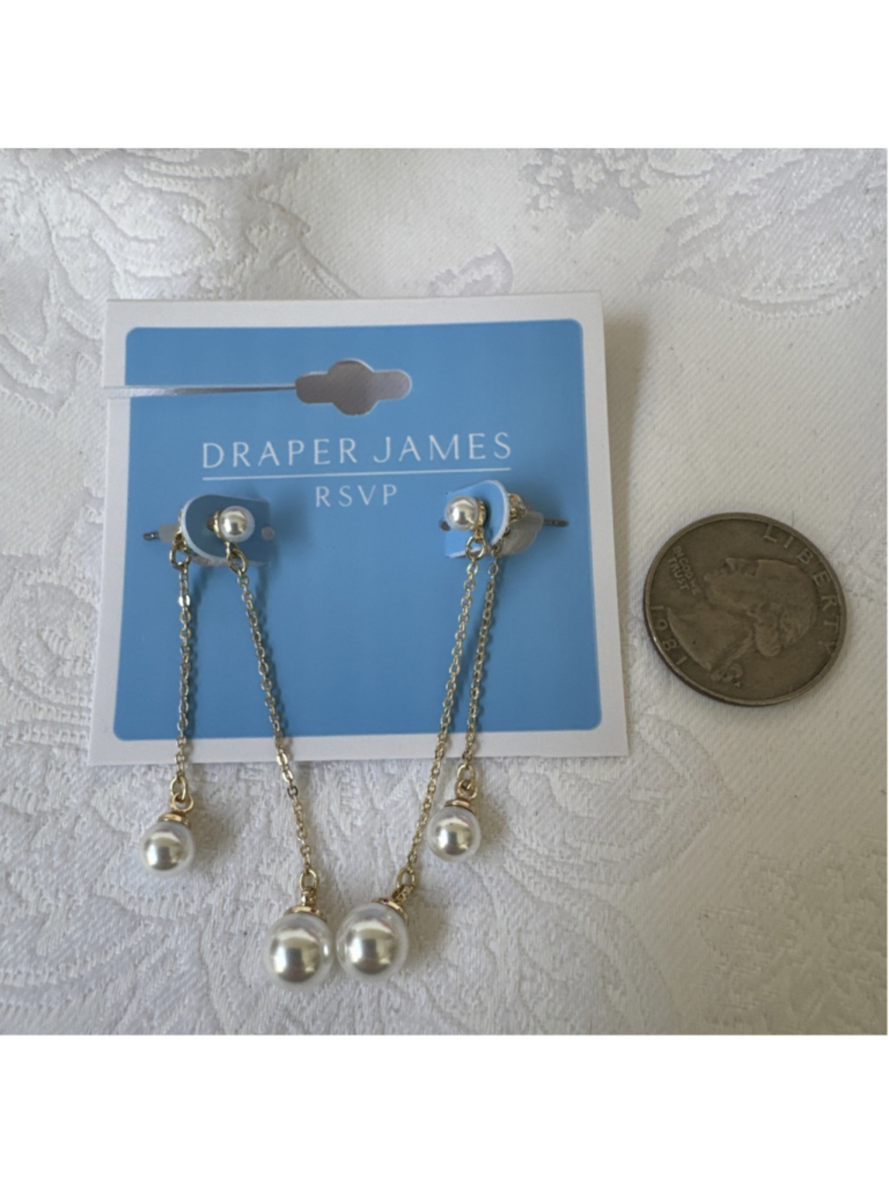 Draper James Dainty Dangle 2.25" Earrings Pearl Drop Bar GoldTone Classic NEW